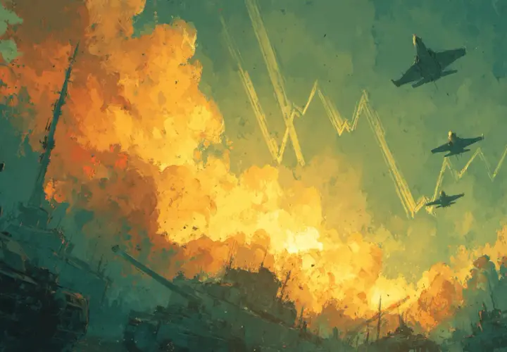 Panzer und Kampfjets über einer explosiven Wolkenlandschaft, die an steigende munitionshersteller aktien erinnert.