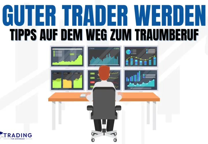 Ein quant trader sitzt vor mehreren Bildschirmen mit Finanzdiagrammen. Der Weg zum Traumberuf.
