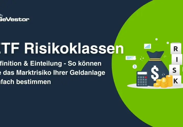 Grafik zeigt eine Geldtasche, Münzen, Taschenrechner und Würfel mit der Aufschrift "RISK". Sie erklärt ETF-Risikoklassen und wie man das Marktrisiko bestimmt.