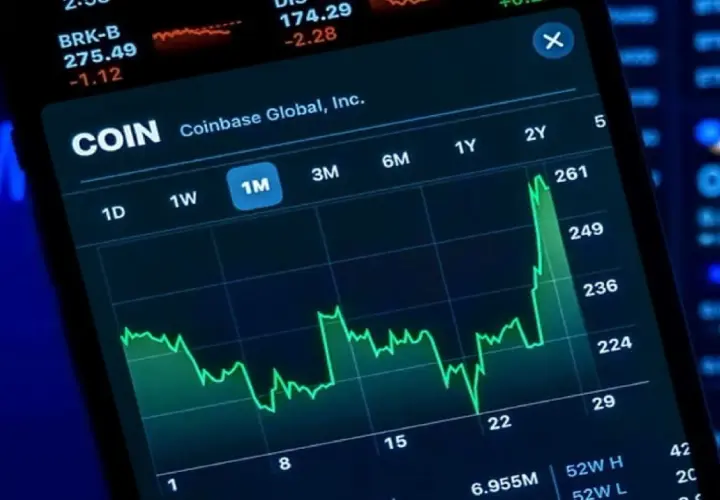 Aktienkurs von Coinbase (COIN) auf einem Smartphone. Ein grüner Chart zeigt den Kursverlauf, der stark ansteigt. Ein Nutzer prüft die Daten, um einen potenziellen schwarzen Liste broker zu identifizieren.