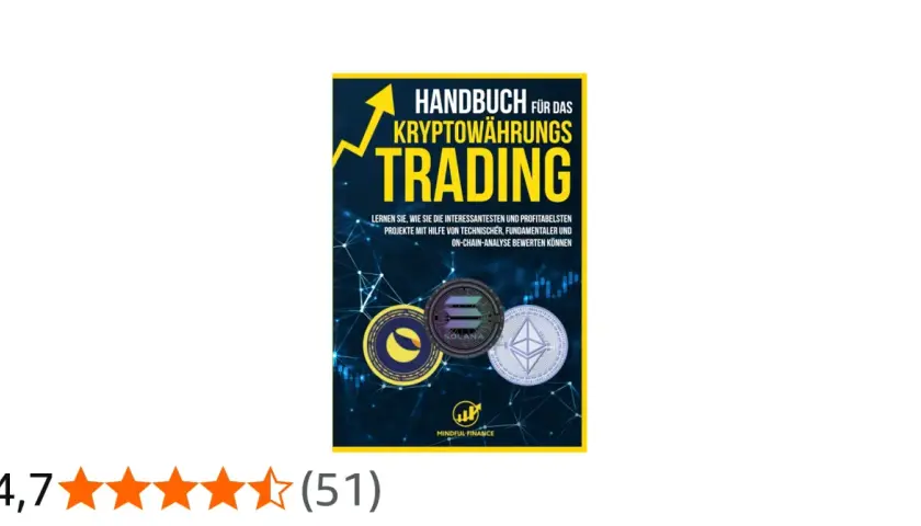 Buchcover "Handbuch für das Kryptowährungs Trading" mit einem stilisierten, leuchtenden **diamond pattern** im Hintergrund und Logos von Kryptowährungen.