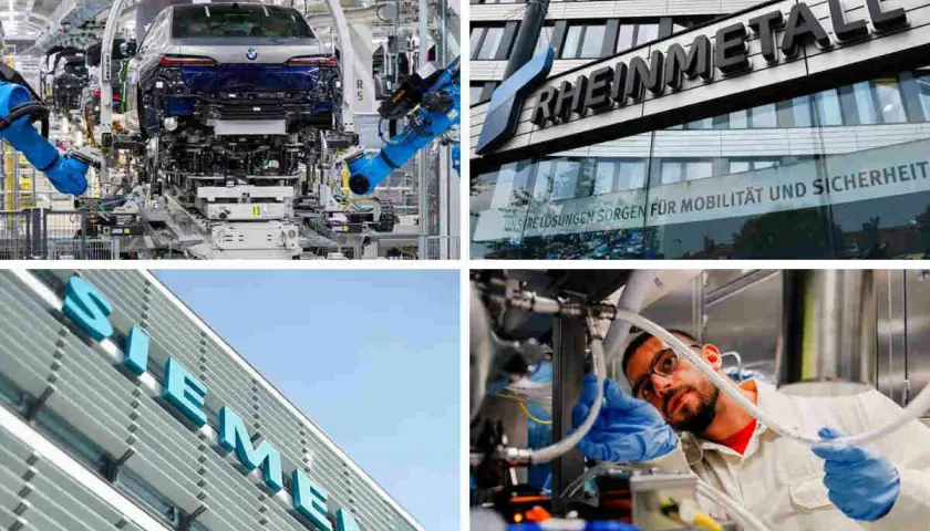 Vier Bilder zeigen deutsche Industrie: BMW-Autobau, Rheinmetall-Gebäude, Siemens-Logo, Merck-Mitarbeiter. Diese Unternehmen gehören zu den wertvollste deutsche Unternehmen.