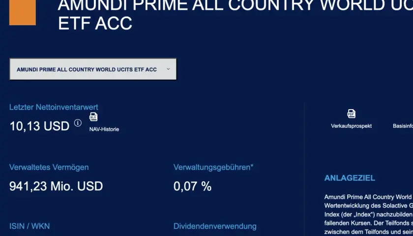 Amundi Prime All Country World UCITS ETF ACC: Nettoinventarwert 10,13 USD, verwaltetes Vermögen 941,23 Mio. USD, Verwaltungsgebühren 0,07%.