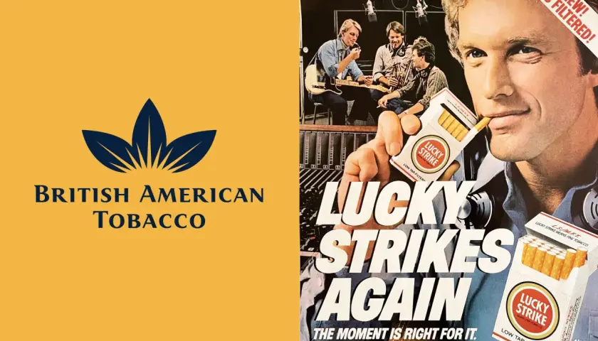 British American Tobacco wirbt für Lucky Strike. Ein Mann hält eine Zigarettenschachtel, während im Hintergrund Musiker zu sehen sind.