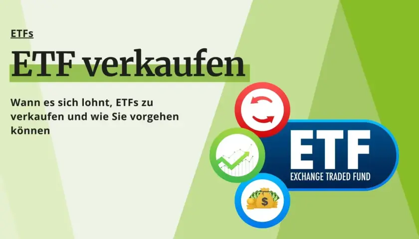 Grafik mit dem Titel "ETF verkaufen". Zeigt Symbole für Gewinn, Geld und Umtausch. Erklärt, wann es sich lohnt, ETFs zu verkaufen.