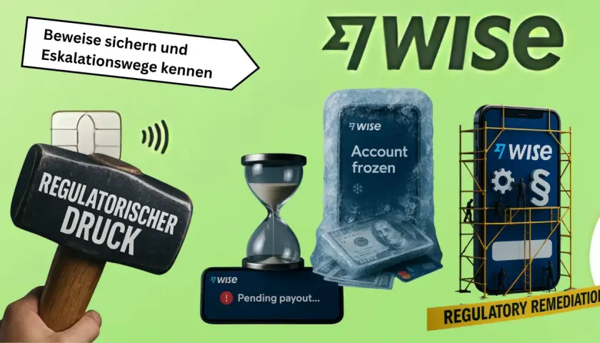 Ein riesiger Vorschlaghammer mit der Aufschrift "Regulatorischer Druck" trifft eine Bankkarte. Ein Handy mit "Account frozen" und ein Smartphone mit "Regulatory Remediation" deuten auf Probleme bei der **wise bank** hin.