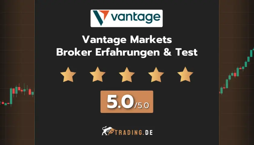 Vantage Markets Broker Erfahrungen & Test: 5.0/5.0 Sterne. Ein Trading.de-Logo ist unten abgebildet.