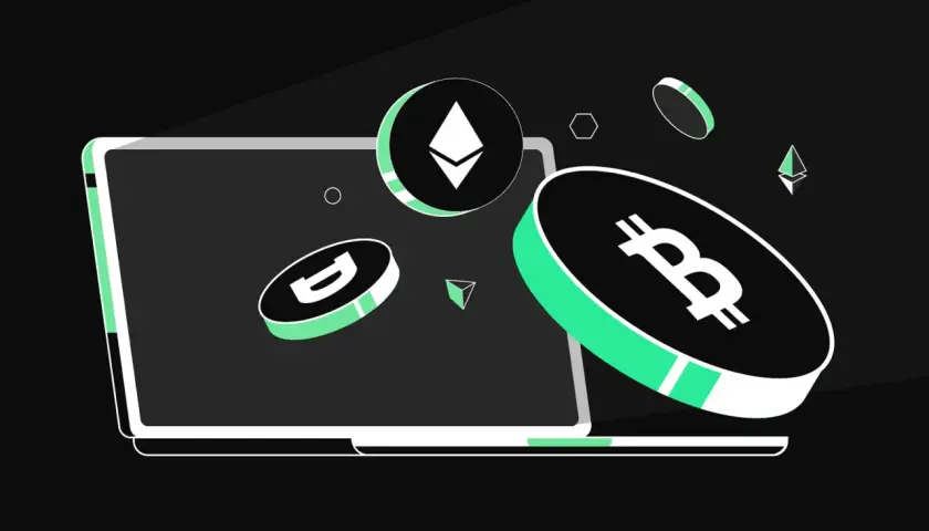 Ein Laptop mit Bitcoin, Ethereum und anderen Kryptomünzen. Ein limit order beispiel für den Handel.