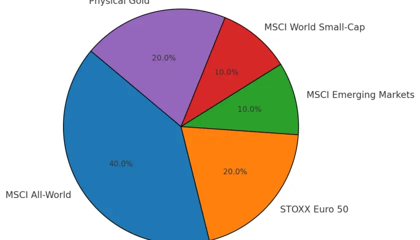 Ein Tortendiagramm zeigt eine Portfolio-Aufteilung: 40% MSCI All-World, 20% Physical Gold, 20% STOXX Euro 50, 10% MSCI Emerging Markets, 10% MSCI World Small-Cap.