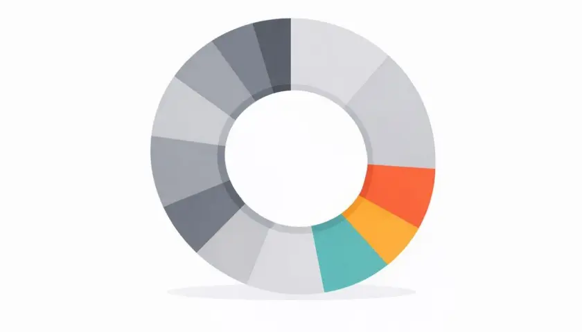 Kreisförmige Grafik mit Segmenten in verschiedenen Grautönen, Orange, Gelb und Türkis, die ein diversifiziertes ETF-Portfolio darstellt.