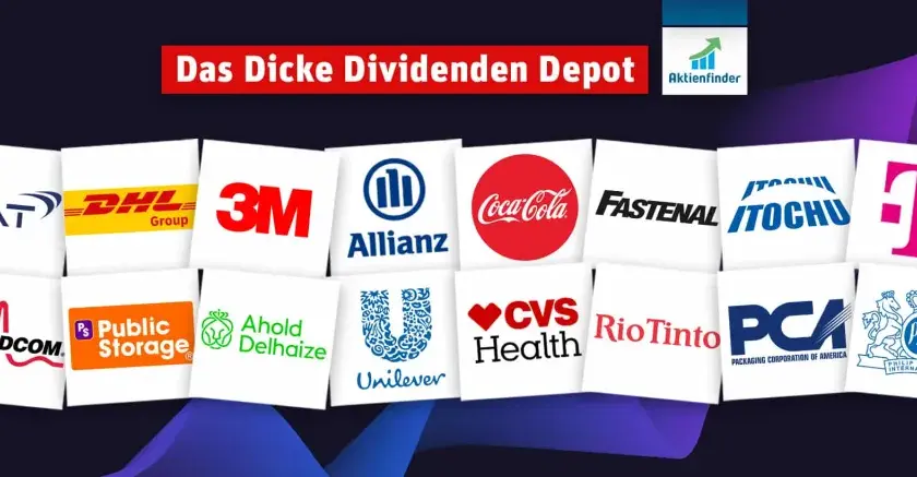 Logos bekannter Unternehmen wie Coca-Cola, Allianz, T-Mobile und 3M. Ein Depot mit Aktien mit monatlicher Dividende.