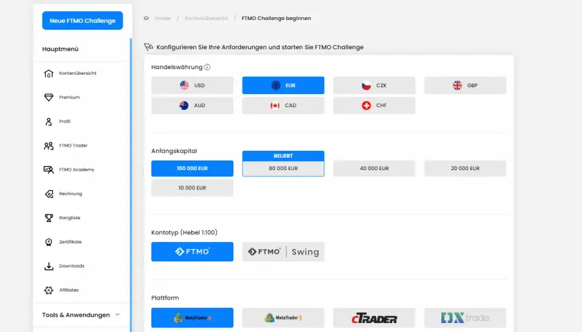Konfiguration für die FTMO Challenge: Währung, Anfangskapital und Kontotyp auswählen.