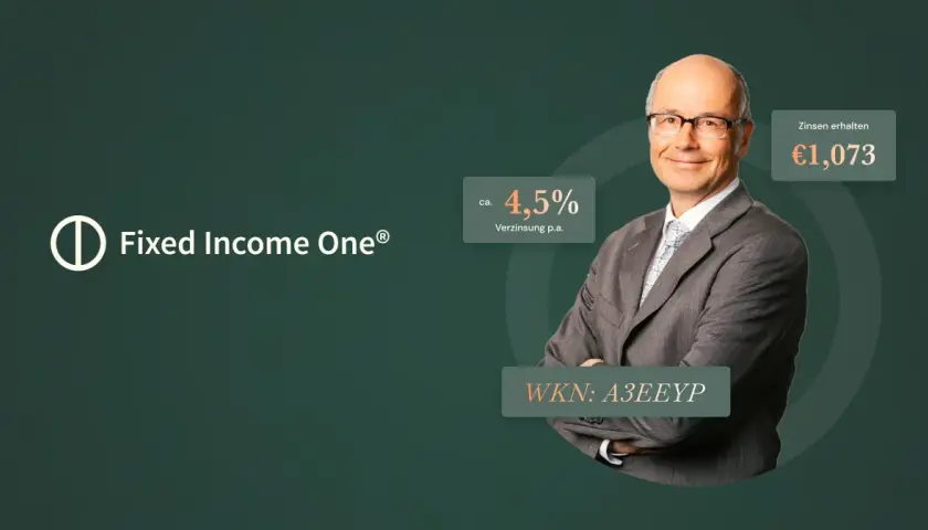 Herr Andreas Beck präsentiert den Fixed Income One Fonds mit 4,5% Verzinsung p.a. und Zinsen von €1.073.