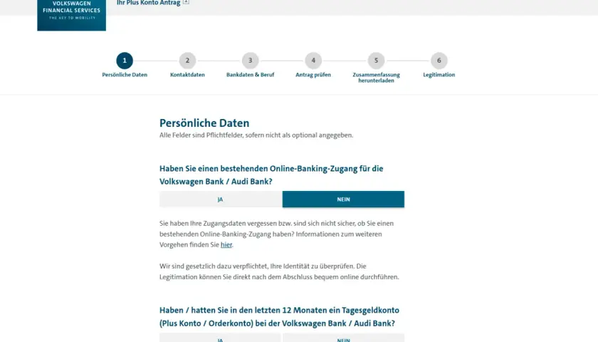 Antrag für ein Plus Konto bei der Volkswagen Bank. Hier werden persönliche Daten abgefragt, um Ihre Volkswagen Bank Erfahrungen zu erfassen.