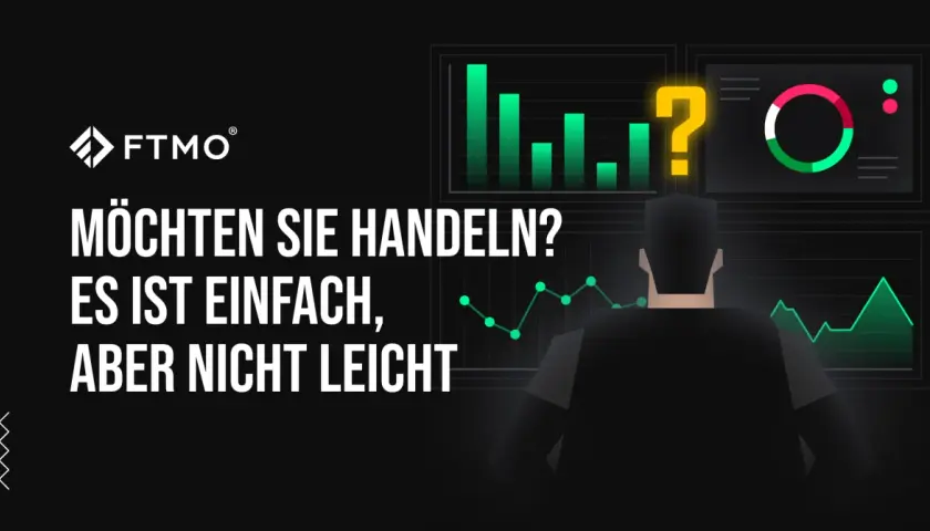 FTMO-Logo und Diagramme. Ein Mann blickt auf Finanzdaten. Die FTMO Challenge Regeln sind einfach, aber nicht leicht.