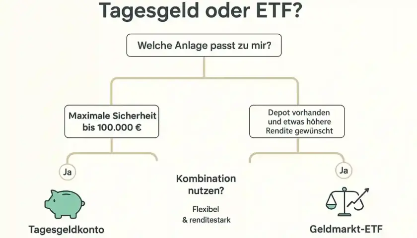 Flussdiagramm: Tagesgeldkonto für maximale Sicherheit bis 100.000€, Geldmarkt-ETF für höhere Rendite. Kombinieren für Flexibilität.