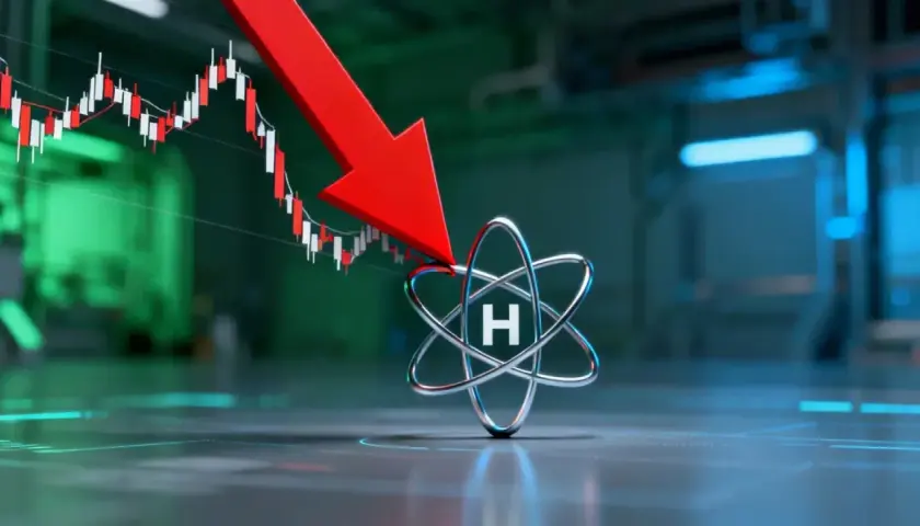 Roter Pfeil zeigt auf Atom-Symbol, während Börsenkurs fällt. Plug Power Aktie Prognose: Abwärtstrend.