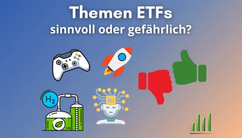 Themen ETFs: Sinnvoll oder gefährlich? Icons zeigen Gaming, Rakete, KI, Wasserstoff & Daumen hoch/runter.