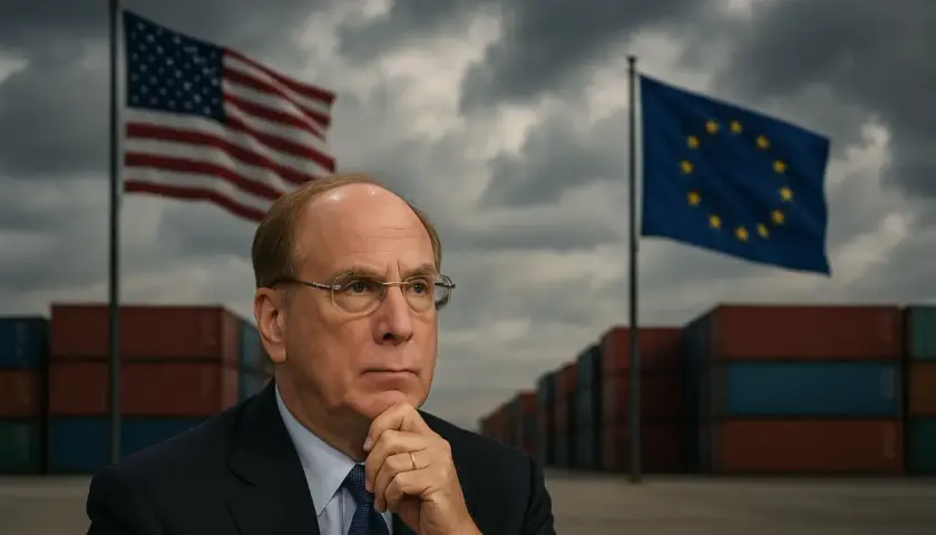 Ein Mann mit Brille denkt nach, im Hintergrund die US- und EU-Flagge über Containerstapeln. Möglicherweise eine Szene zur **Amundi STOXX Europe 600**-Analyse.