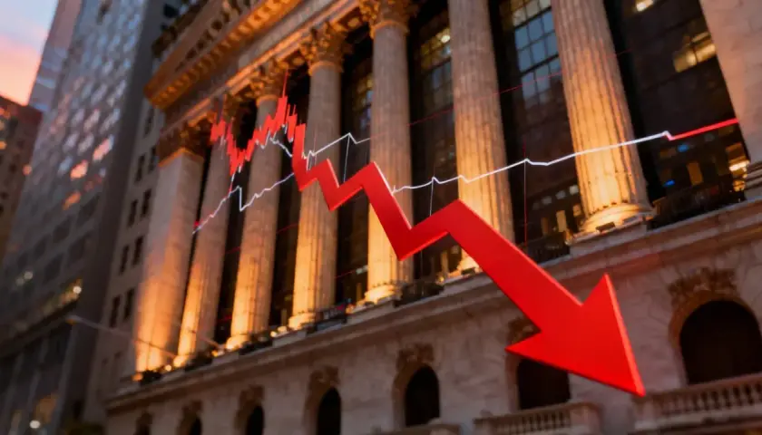 Roter Pfeil zeigt fallende Kurse vor einem Bankgebäude. Der **core MSCI World USD Acc** Index verzeichnet deutliche Verluste.