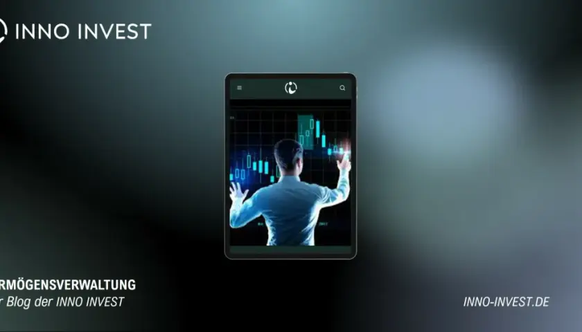 Mann interagiert mit Börsendaten auf einem Tablet. Ein **introducing broker** nutzt Technologie für Vermögensverwaltung.