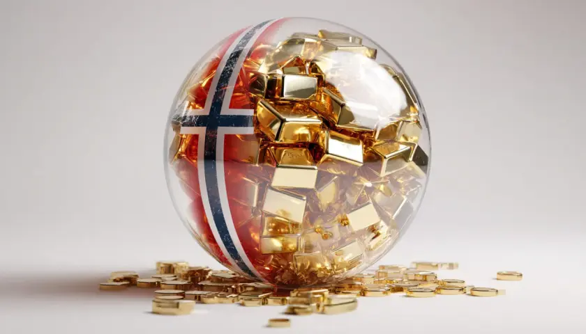 Kugel mit norwegischer Flagge, gefüllt mit Goldbarren. Symbolisiert den norwegischen Staatsfonds ETF.