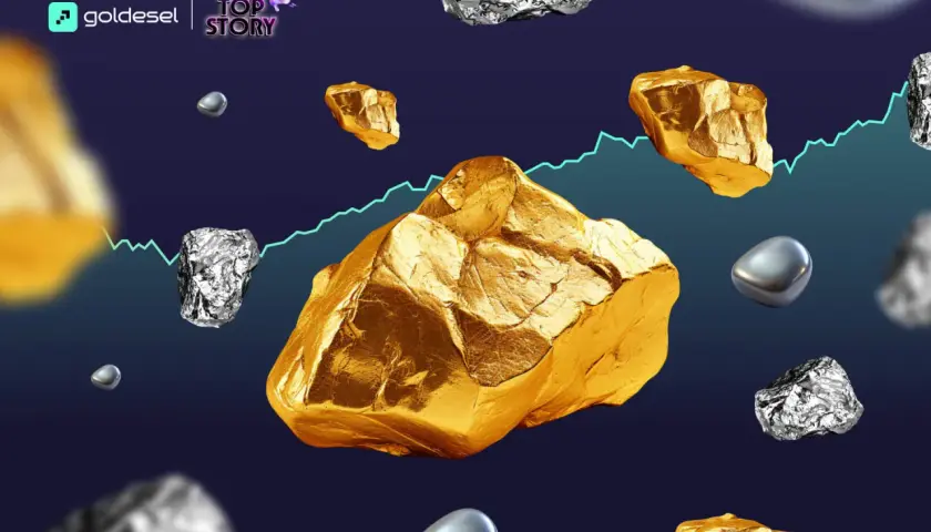 Gold- und Silberbrocken schweben vor einem Chart, das die Volatilität von Aktien seltener Erden symbolisiert.