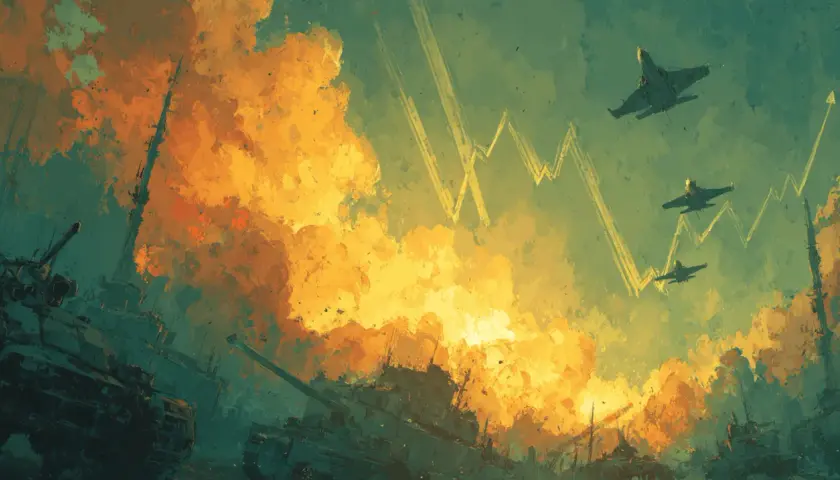 Panzer und Kampfjets über einer explosiven Wolkenlandschaft, die an steigende munitionshersteller aktien erinnert.