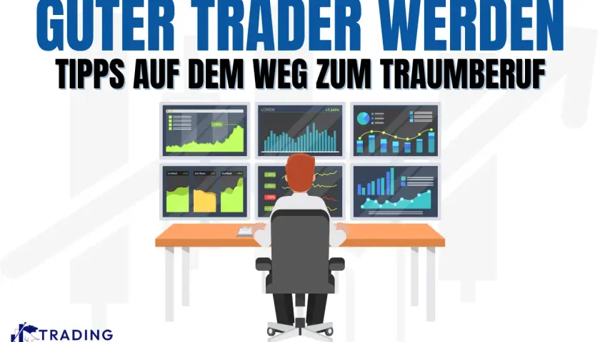 Ein quant trader sitzt vor mehreren Bildschirmen mit Finanzdiagrammen. Der Weg zum Traumberuf.