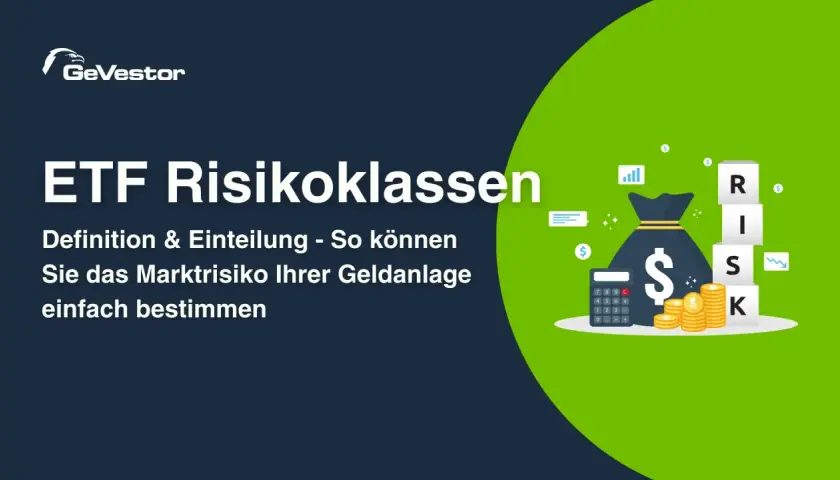 Grafik zeigt eine Geldtasche, Münzen, Taschenrechner und Würfel mit der Aufschrift "RISK". Sie erklärt ETF-Risikoklassen und wie man das Marktrisiko bestimmt.