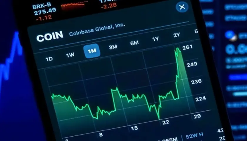 Aktienkurs von Coinbase (COIN) auf einem Smartphone. Ein grüner Chart zeigt den Kursverlauf, der stark ansteigt. Ein Nutzer prüft die Daten, um einen potenziellen schwarzen Liste broker zu identifizieren.