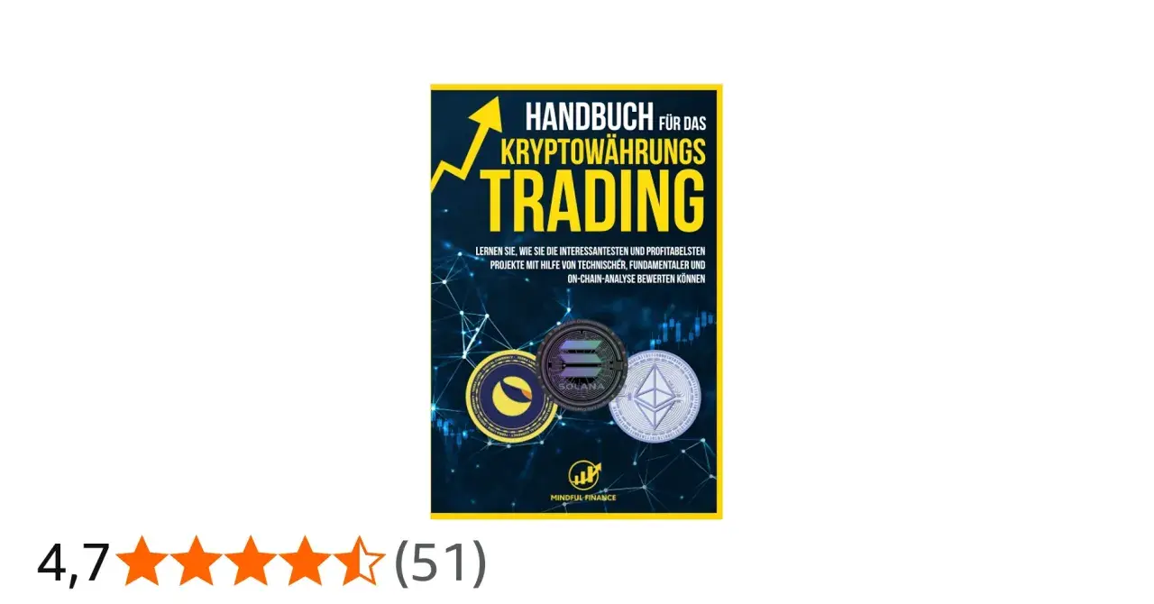Buchcover "Handbuch für das Kryptowährungs Trading" mit einem stilisierten, leuchtenden **diamond pattern** im Hintergrund und Logos von Kryptowährungen.