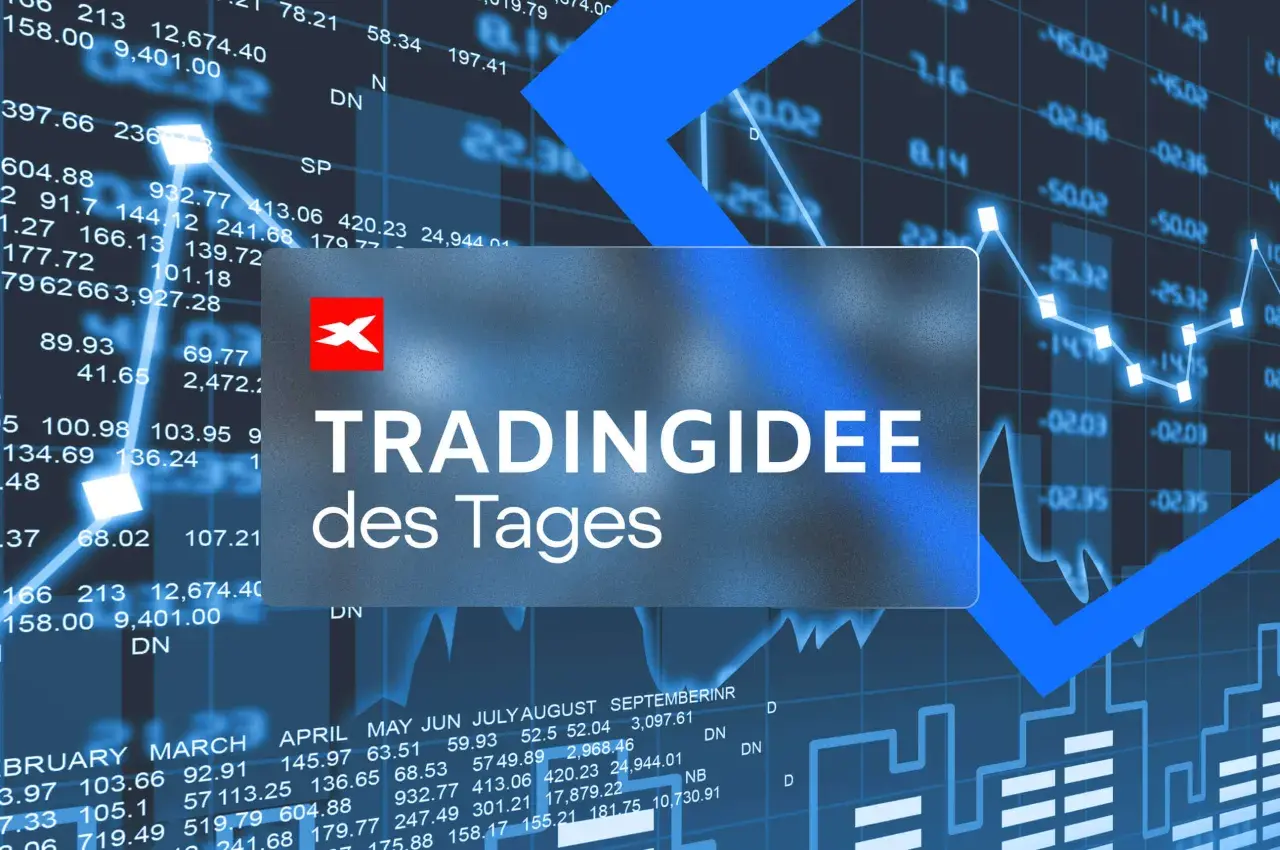 Ein rotes X auf einem blauen Hintergrund mit Finanzdiagrammen. "TRADINGIDEE des Tages" für deutsche Trader.
