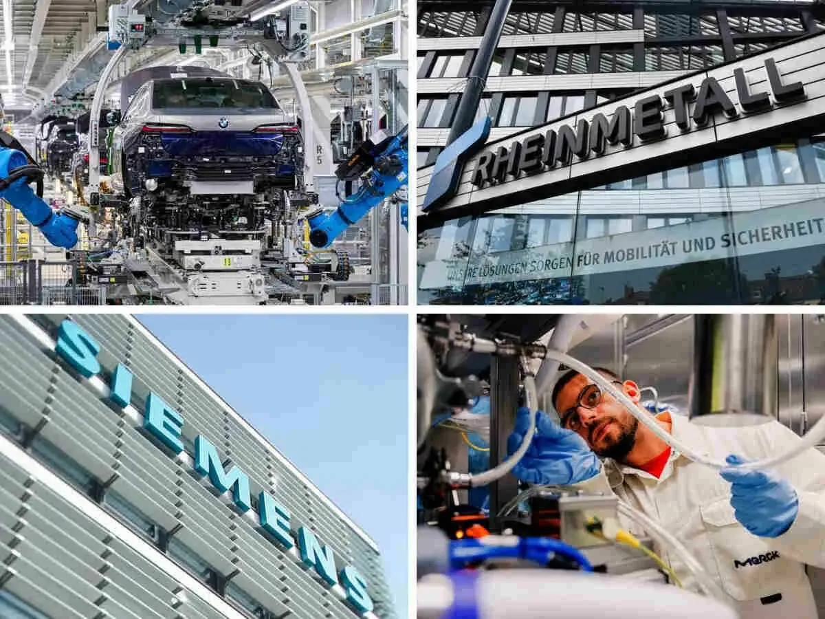 Vier Bilder zeigen deutsche Industrie: BMW-Autobau, Rheinmetall-Gebäude, Siemens-Logo, Merck-Mitarbeiter. Diese Unternehmen gehören zu den wertvollste deutsche Unternehmen.