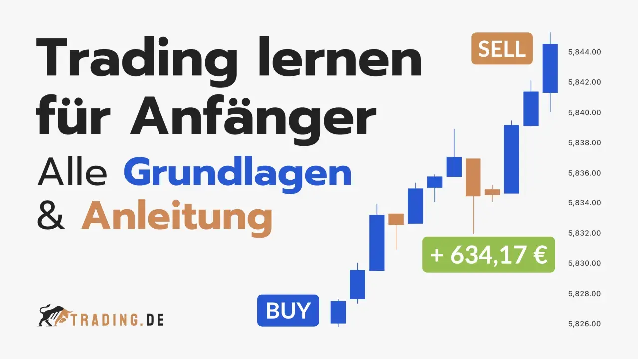 Trading lernen für Anfänger: Grundlagen & Anleitung. Ein Trader kauft und verkauft, wie die Kerzencharts mit BUY/SELL und Gewinnanzeige zeigen.