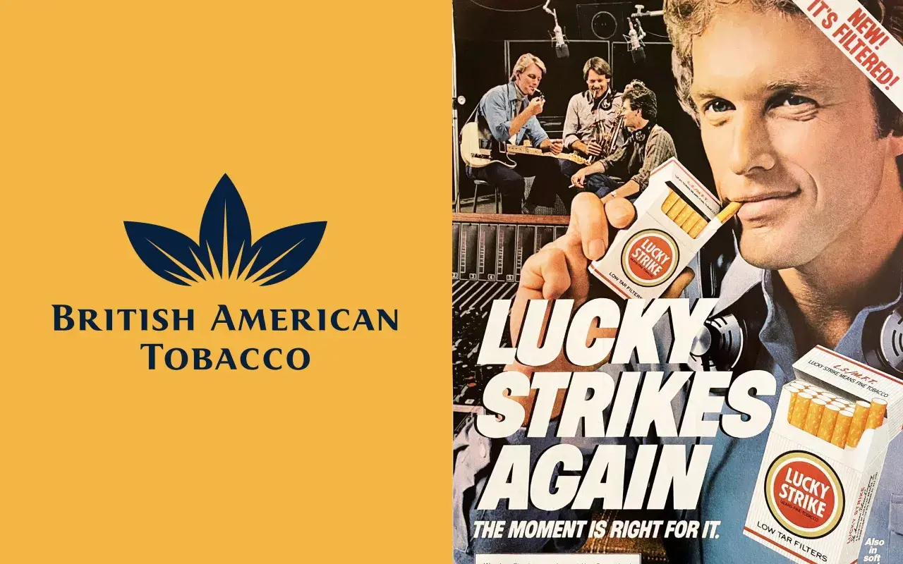 British American Tobacco wirbt für Lucky Strike. Ein Mann hält eine Zigarettenschachtel, während im Hintergrund Musiker zu sehen sind.