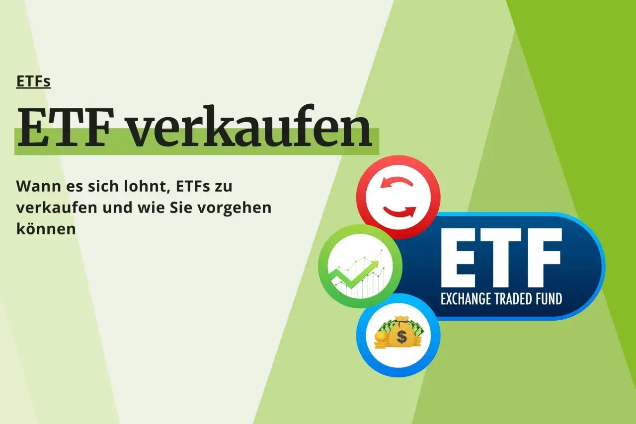 Grafik mit dem Titel "ETF verkaufen". Zeigt Symbole für Gewinn, Geld und Umtausch. Erklärt, wann es sich lohnt, ETFs zu verkaufen.
