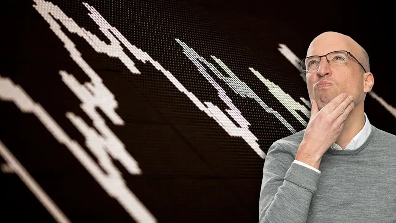 Mann denkt nach über deutsche Aktien, während ein Börsenchart im Hintergrund zu sehen ist.