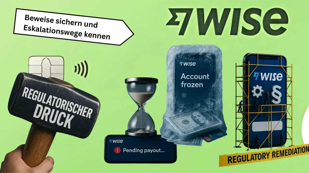 Ein riesiger Vorschlaghammer mit der Aufschrift "Regulatorischer Druck" trifft eine Bankkarte. Ein Handy mit "Account frozen" und ein Smartphone mit "Regulatory Remediation" deuten auf Probleme bei der **wise bank** hin.