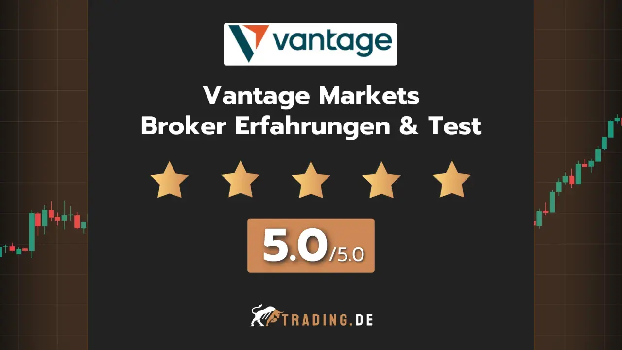 Vantage Markets Broker Erfahrungen & Test: 5.0/5.0 Sterne. Ein Trading.de-Logo ist unten abgebildet.