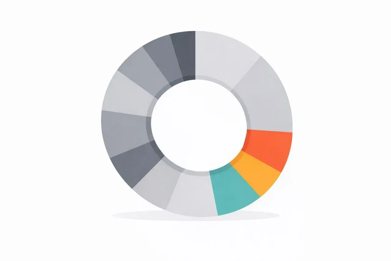 Kreisförmige Grafik mit Segmenten in verschiedenen Grautönen, Orange, Gelb und Türkis, die ein diversifiziertes ETF-Portfolio darstellt.