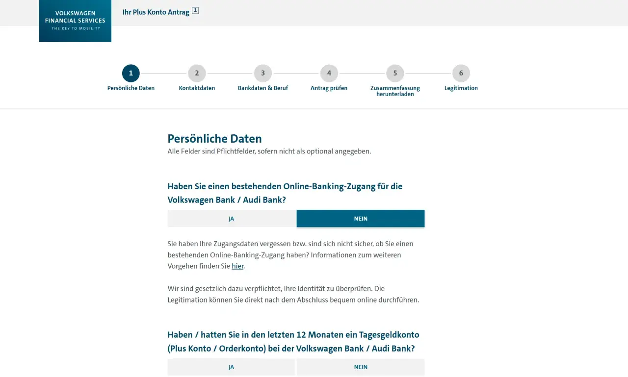 Antrag für ein Plus Konto bei der Volkswagen Bank. Hier werden persönliche Daten abgefragt, um Ihre Volkswagen Bank Erfahrungen zu erfassen.