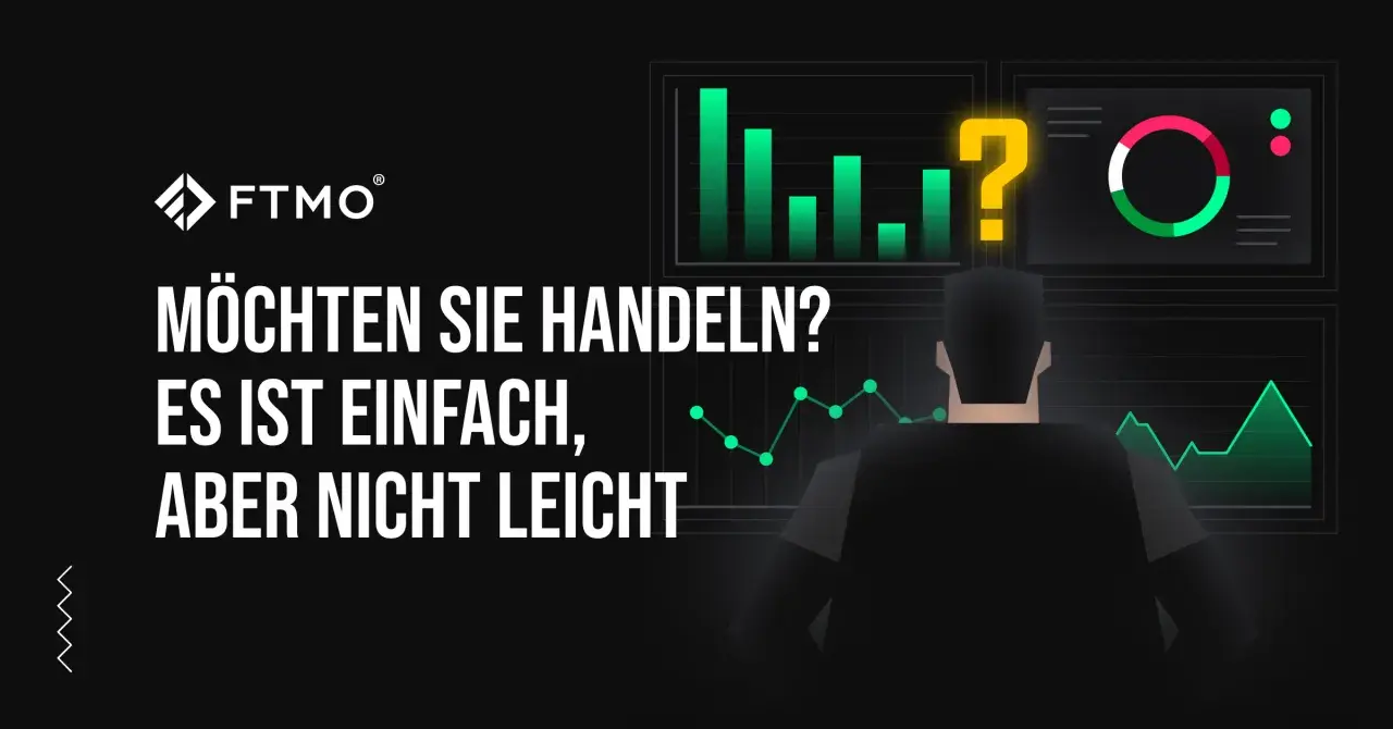 FTMO-Logo und Diagramme. Ein Mann blickt auf Finanzdaten. Die FTMO Challenge Regeln sind einfach, aber nicht leicht.