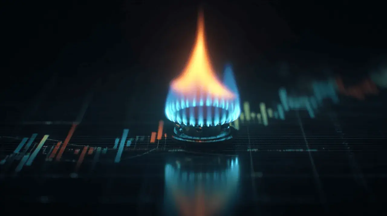 Flamme auf einem Gasherd über einem Börsenchart. Die steigenden Kurse spiegeln die Volatilität von Gas-Aktien wider.