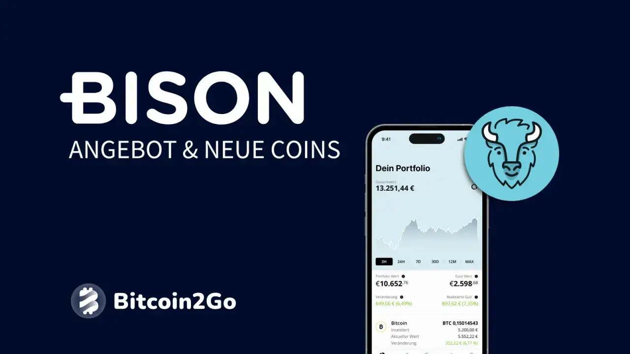 Bison App: Angebot & neue Coins. Ein Smartphone zeigt das Portfolio mit Bitcoin und Euro Wert. Positive Bison App Erfahrungen sind hier ersichtlich.