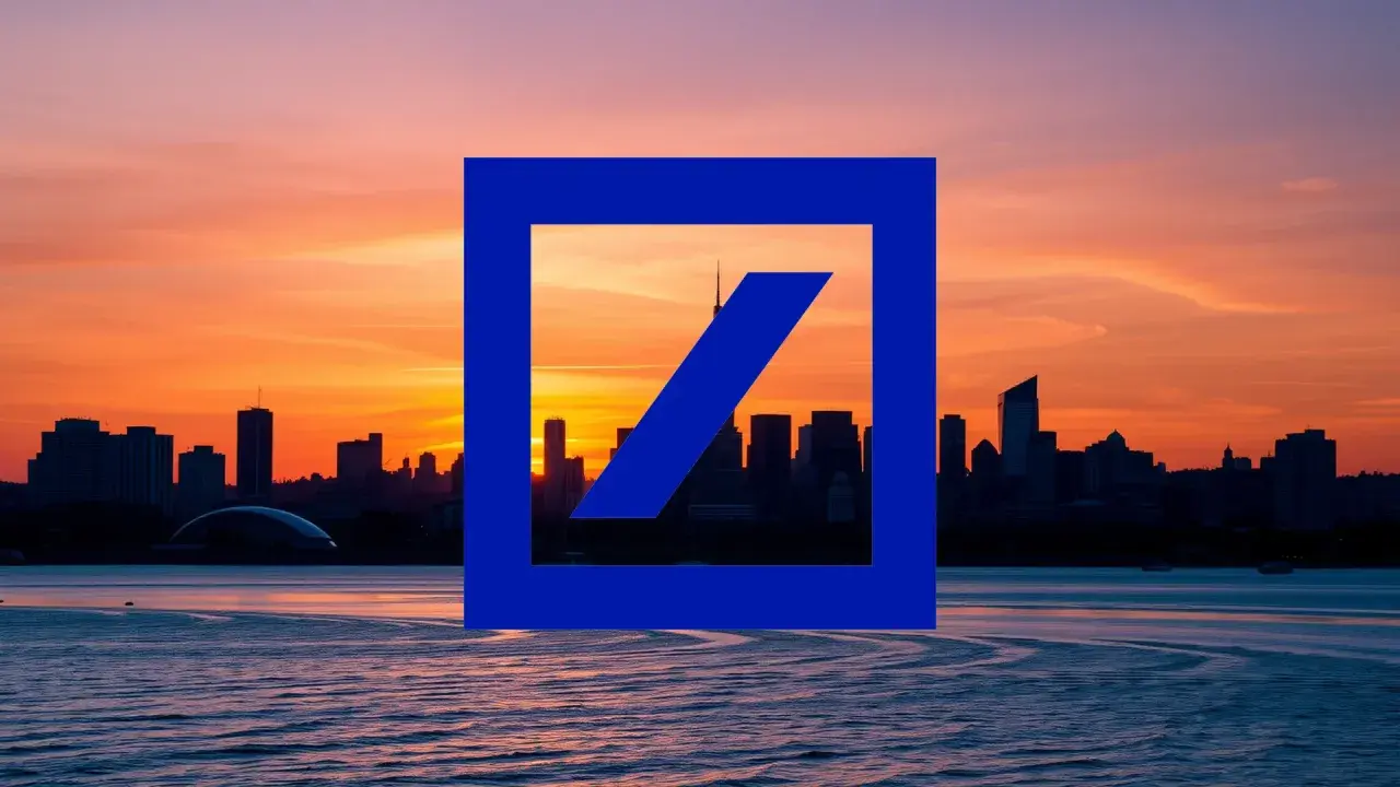 Sonnenuntergang über einer Skyline mit dem Logo der Deutschen Bank. Die deutsche Bank Aktie Prognose 2026 könnte von dieser Aussicht inspiriert sein.
