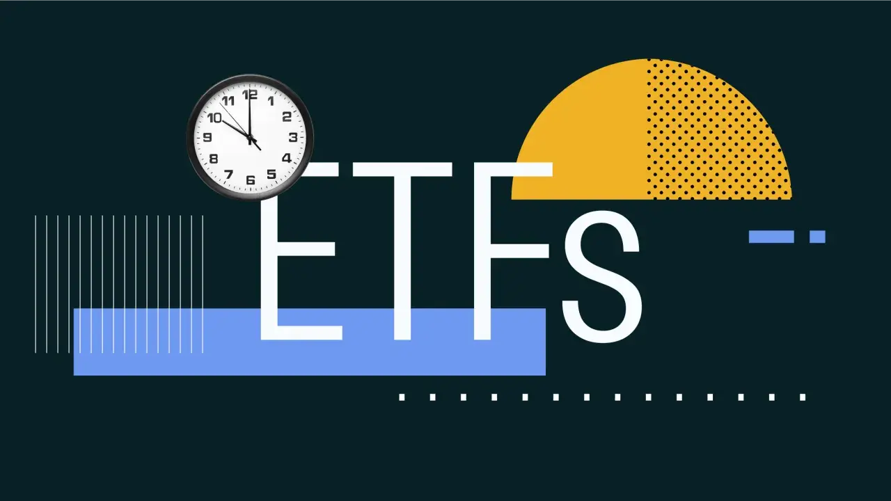 Uhr zeigt Zeit für die besten ETFs der letzten 10 Jahre. Abstrakte Grafik mit geometrischen Formen und dem Wort "ETFS".