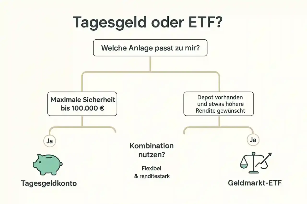 Flussdiagramm: Tagesgeldkonto für maximale Sicherheit bis 100.000€, Geldmarkt-ETF für höhere Rendite. Kombinieren für Flexibilität.
