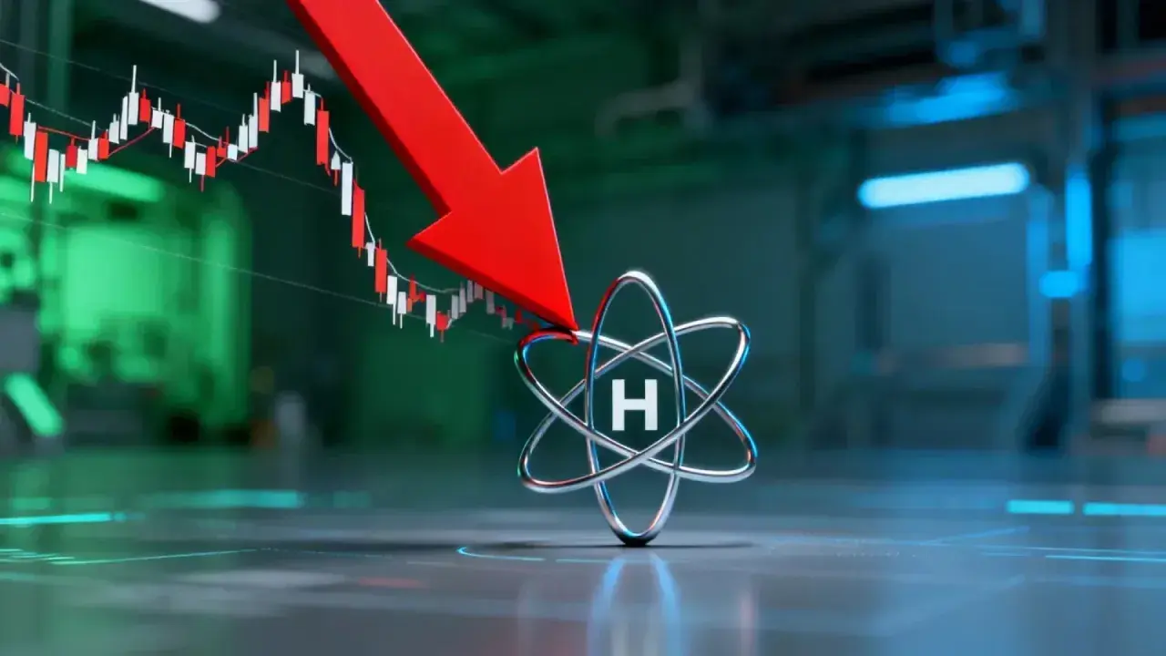 Roter Pfeil zeigt auf Atom-Symbol, während Börsenkurs fällt. Plug Power Aktie Prognose: Abwärtstrend.