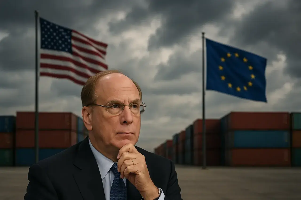 Ein Mann mit Brille denkt nach, im Hintergrund die US- und EU-Flagge über Containerstapeln. Möglicherweise eine Szene zur **Amundi STOXX Europe 600**-Analyse.